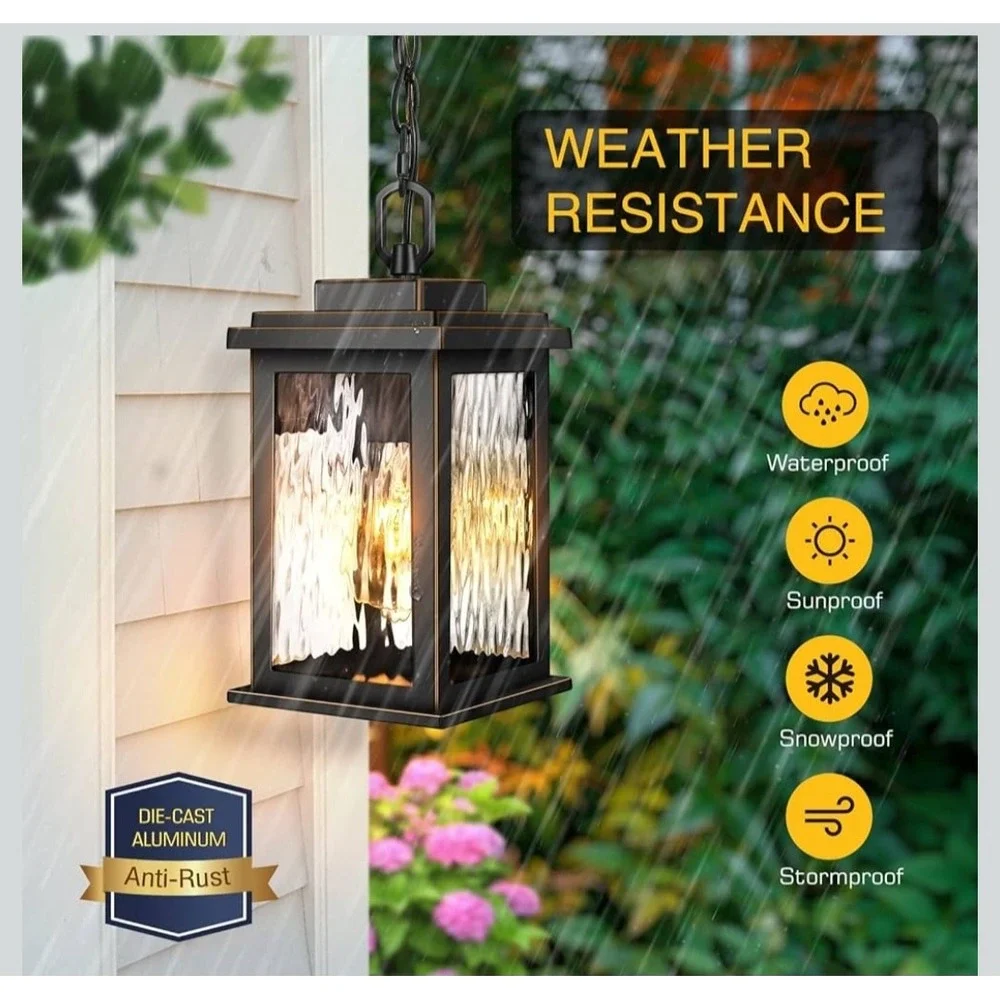 Vianis Outdoor Hanging Lantern Black Gold Trim Water Ripple‎ Glass Pendant Light